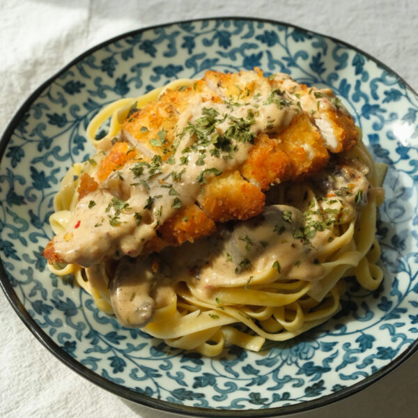 Chicken Katsu Pasta with Garlicky Mushroom Sauce